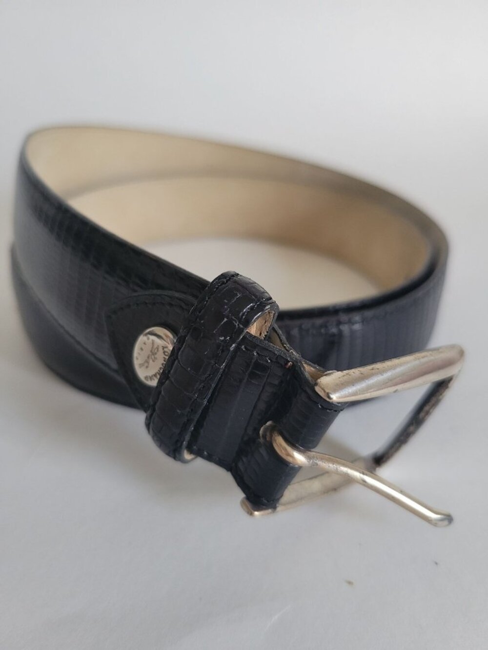Longchamp Paris Black Croc Embossed Leather Belt Silver Buckle Vintage 1990s